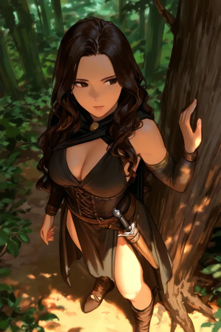 A young woman posing serenely in a medieval assassin costume, exuding confidence and poise, leans against a majestic tree trunk in a vibrant, lush green forest. Her dark, form-fitting attire, adorned with subtle tactical details, contrasts beautifully with...