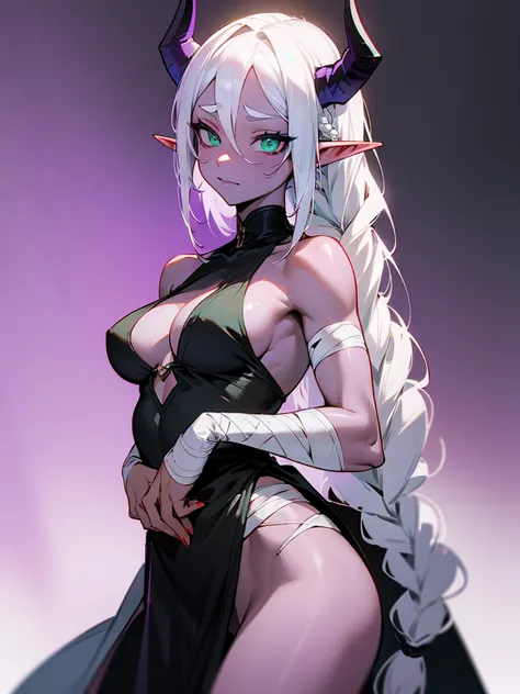 sexy girl with perfect body, slightly muscular, white hair tied in braided corn rows, elf ears, black devil horns, wearing white cloth bandage wraps on her body, she has purple skin color, green eyes, seductive face