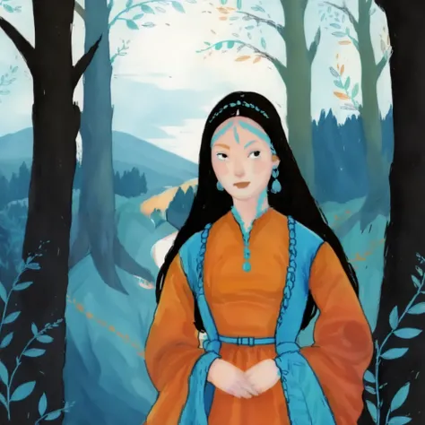 score_9, score_8_up, score_7_up, score_6_up, score_5_up, score_4_up, 1_woman, brow hair, long_hair, wearing a vibrant long peasant medieval dress, detailed clothing, sketches, detailed thick gouache painting, illustration, in gougoupaintleaves style:1.5,