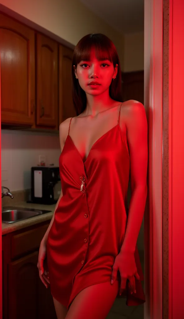 A beautiful woman, standing in the corner of the kitchen,  front facing, use red satin material sleeping shirt, big boobs, red lips 