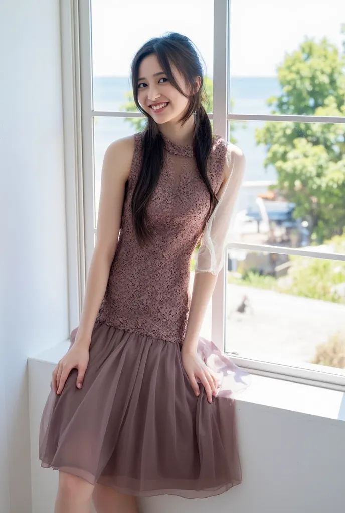 Composition showing up to the waist、 photos、French braid hairstyle with bangs in a side ponytail、chocolate colored high neck flare sleeve long sleeve damask rose lace sheer organza party dress、Maxis
Cart、  Party venue with gorgeous ocean views from the win...