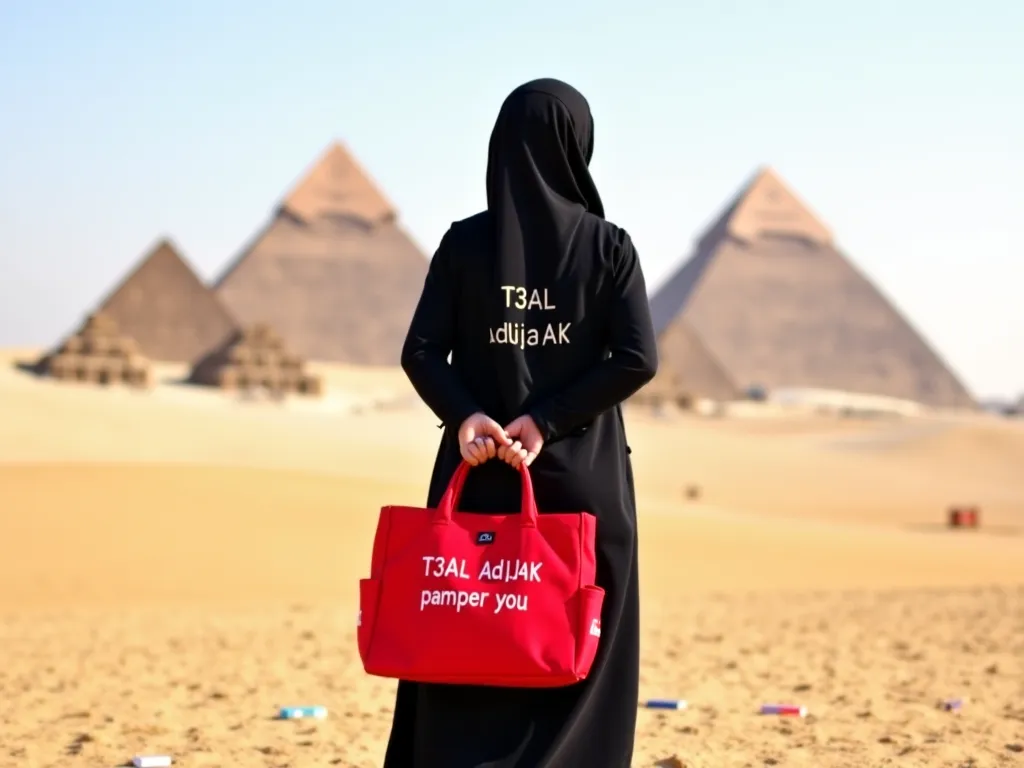 A girl wearing a black abaya with Gulf embroidery stands far away next to the three Egyptian pyramids and holds in her hands a red bag on which is written: T3AL Adl3aK pamper you. On the ground are some cards lying on which is also written: T3AL Adl3aK