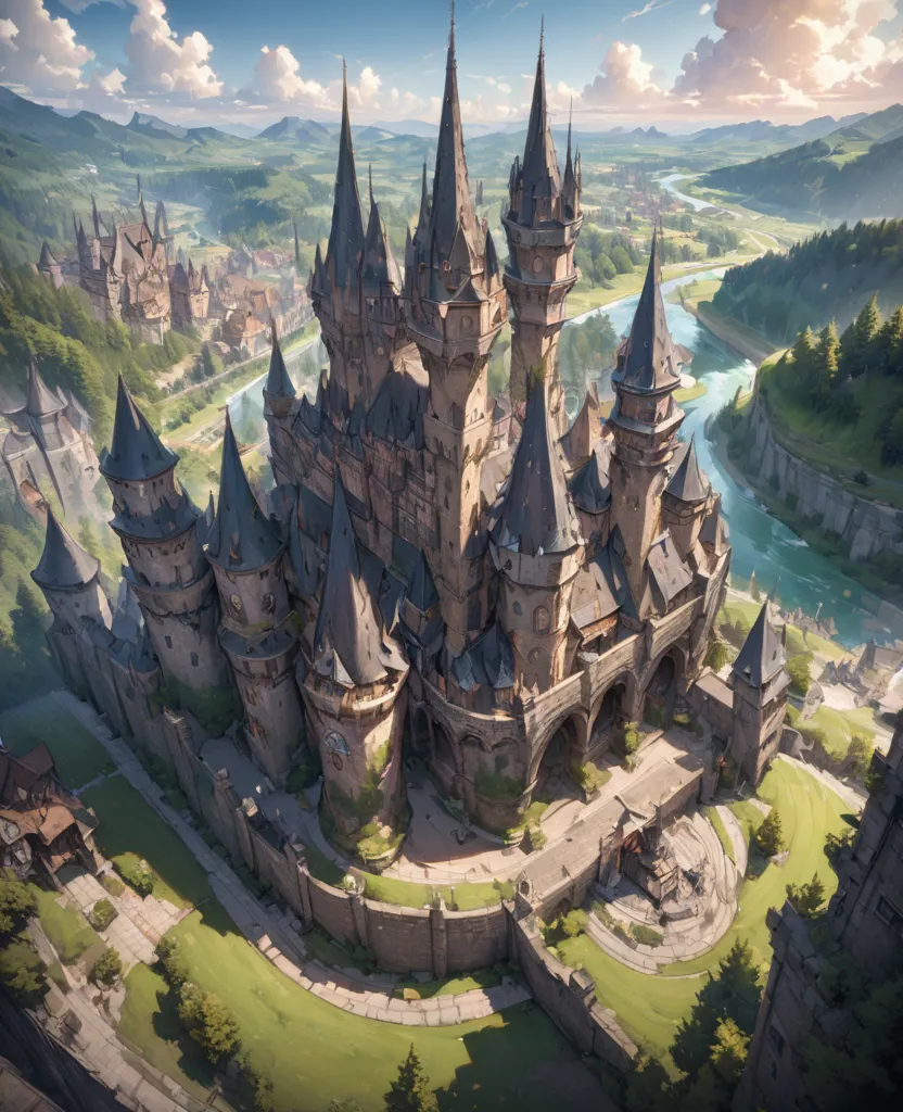 **Prompt:**\n"Create a highly detailed and massive fantasy dark castle surrounded by a thriving medieval town, towering stone walls, and a breathtaking landscape. The castle should be colossal, with intricate architectural designs, towering spires, arched ...