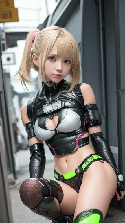 high quality, ​realistic masterpiece, girl with legs tied and wrists bound, Beautiful small skinny girl with cute face showing legs, innocent and playful eyes, Wearing neon futuristic robotic tactical shear armor cyberpunk suit with cutouts, abs, Famous ac...