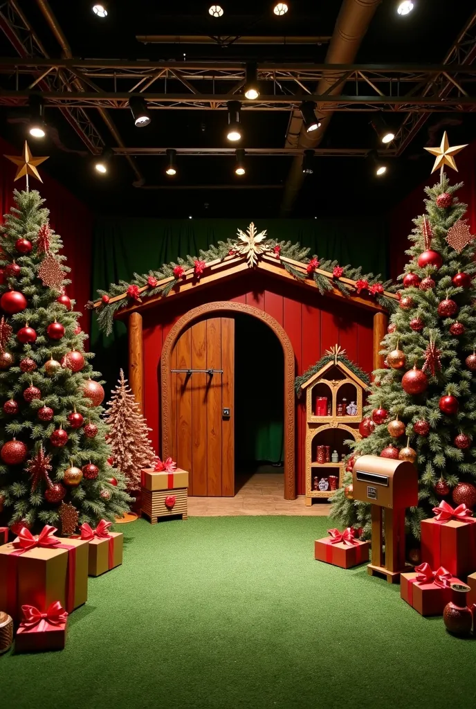 A scenario of 8,0 x 6,0m lined with grass carpet has a rustic structure in the background fully decorated in the colors red and green, For Christmas . In front of you, a shade of Santa Claus in brown leather with wooden details.. On the sides of the stage ...