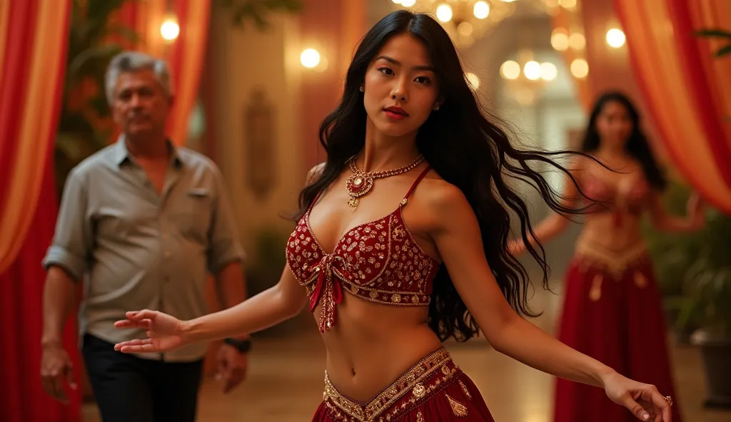 A young woman of Asian descent, likely in her twenties, is performing a belly dance. She is wearing a shimmering, ornate, red and gold beaded crop top and a matching skirt. Her long black hair is flowing. She has a focused, expressive face with full lips. ...