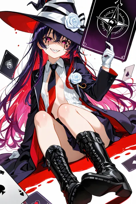 Imagine a clown with a dark and stylish look. He wears a slim black suit with red details -blood, and the lapel has a white rose that darkens to purple at the tips. His tie is made of a shiny fabric with geometric patterns that seem to change as the light ...