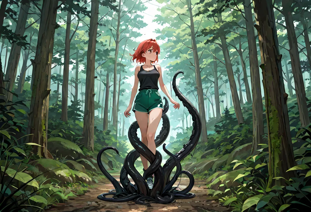 masterpiece, absurdres, amazing quality, best quality, 1girl, short red hair, brown eyes, medium breasts, slender, black tank top, green shorts, high quality, very aesthetic, solo, standing, on edge, forest trail, scared, suspended by black tentacles, in a...