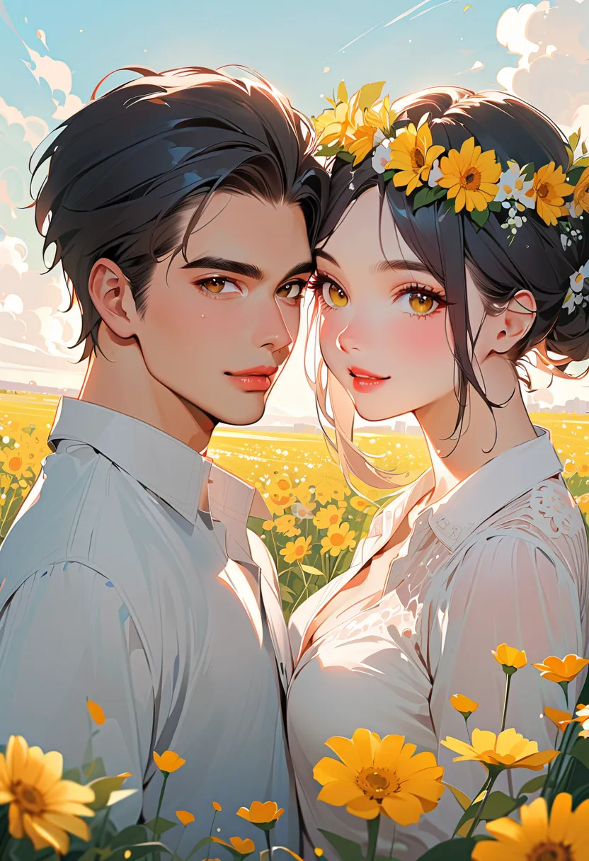 1girl, 1boy, black_hair, flower, shirt, long_hair, smile, white_shirt, outdoors, looking_at_viewer, flower_field, head_wreath, heads_together, lips, upper_body, collared_shirt, short_hair