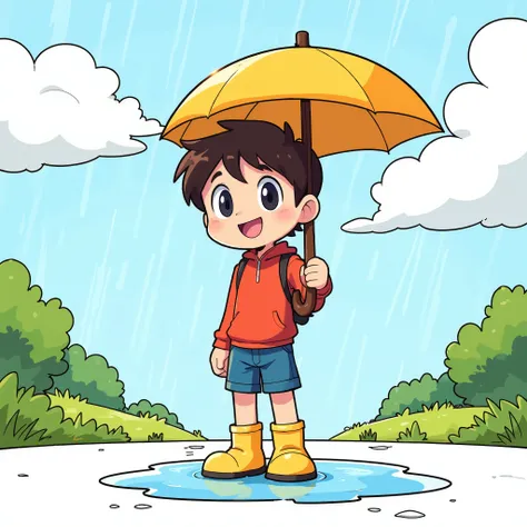 boy holding an umbrella “elementary school boy”、rainy cloudy sky、wearing yellow boots、A puddle of water on the road、Each part isn't too complicated 、 Each part is large and easy to understand pattern、Clear Colours 、A clear pattern、Thick Line、 hand-drawn il...