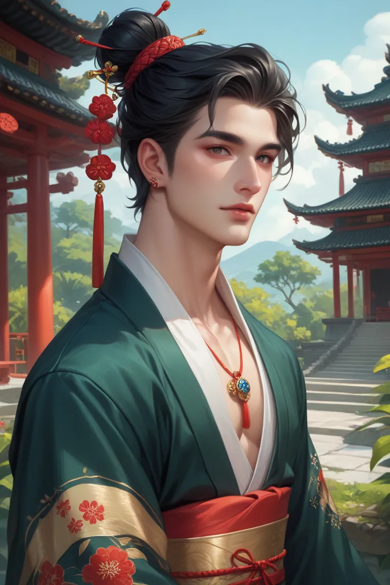 Create a masculine character with the following traits :   a fair-skinned young man  , long black hair and dark eyes. He wears a traditional Chinese kimono with intricate embroidery and a jade pendant around his neck. Her hair is long and the upper part is...