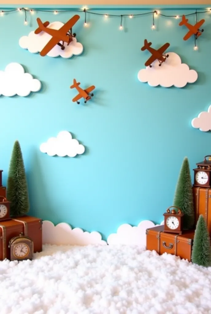 portrait picture aviation-themed setup with a whimsical and vintage aesthetic. The backdrop features a sky-blue wall decorated with fluffy white clouds and three-dimensional wooden airplanes in various positions, giving the illusion of flight. Small, warm ...