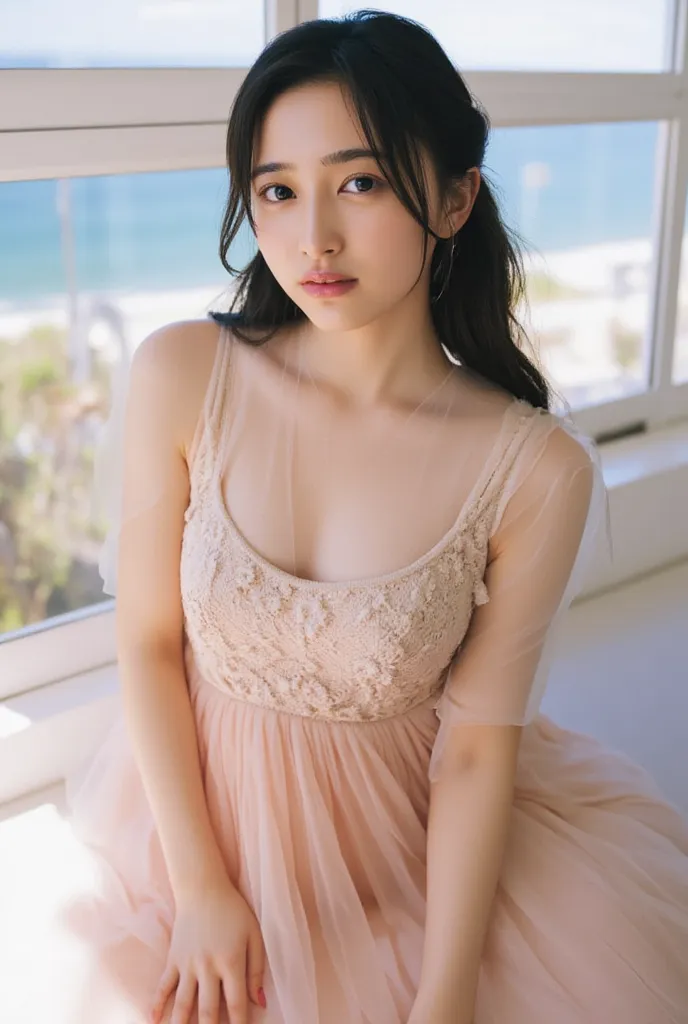 Full body composition showing up to the waist、 photos、French braid hairstyle with bangs in a side ponytail、medium sized breasts、High neck sleeveless party dress top with transparent beige lining with orchid colored chemical lace and party dress with organz...