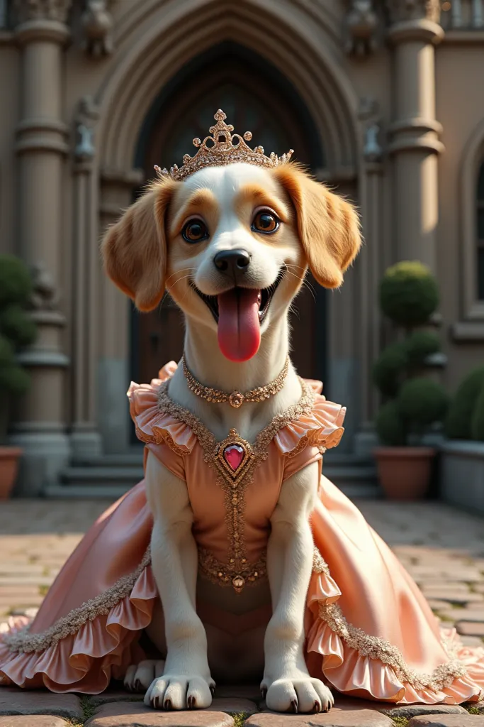 Bip bop the Transylvania hotel dog,  Disguised as a princess, from the front, with the tongue sticking out
