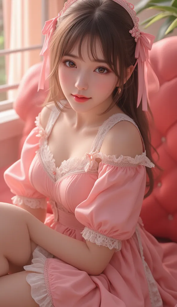  The scene is depicted in an amazingly realistic 32K ultra-high resolution , Ultra High Quality,   The sharp details and vivid texture stand out  ,  A realistic Valentine's Day themed image of a beautiful Japanese woman . A great photographic work depictin...