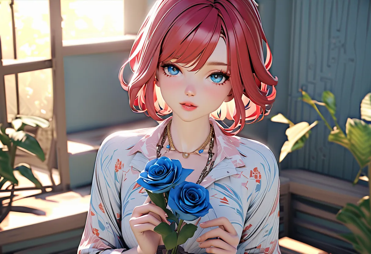 The image shows a person with red hair, blue eyes , holding two blue roses. The person is wearing a floral-patterned shirt and a necklace. The background has a soft, warm light,3d,