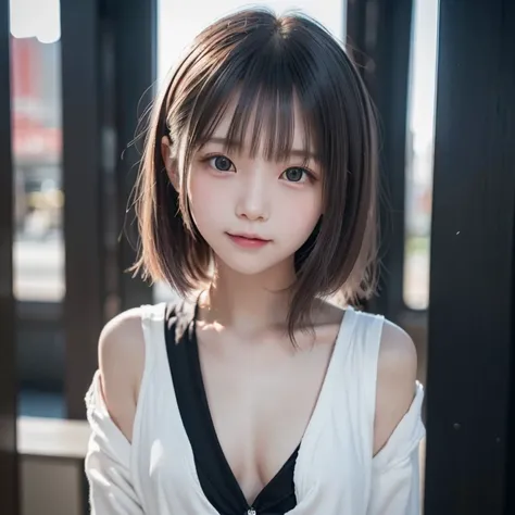 Highest quality、8k,(((Beautiful girl small breasts))),Wearing a black jacket、Cyberpunk Red Green Background、(((Upper body naked))),smile,(((Small body))),(((Cute little sister))),、、Round face,Big eyes, Round eyes、No makeup、Sweaty、A face like a junior high ...