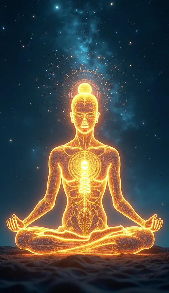  dissolves in space , sitting in a meditation position, with a golden spiral of light forming in the center of your chest and expanding throughout the entire body. Dentro da espiral, symbols such as yin-yang, O DNA, a pulsating heart and brain waves appear...