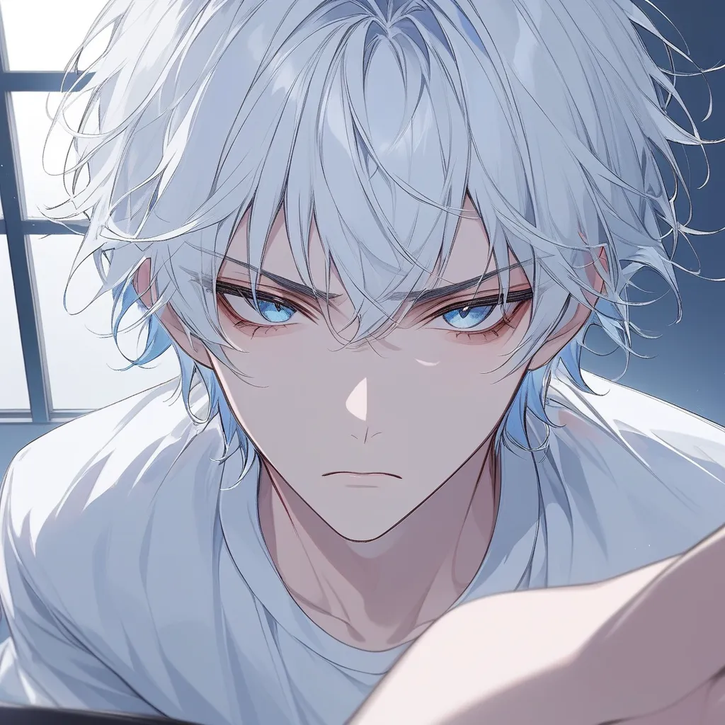 Sulky expression、High Resolution, solo,blue eyes,  white hair
、The bangs are raised、short hair、18-year-old male、handsome、tsundere、handsome、light blue eyes、Fine hair、 blushes, Background: Inside the house、家solo、stupid hair, close your mouth,  zitoida、droopy...