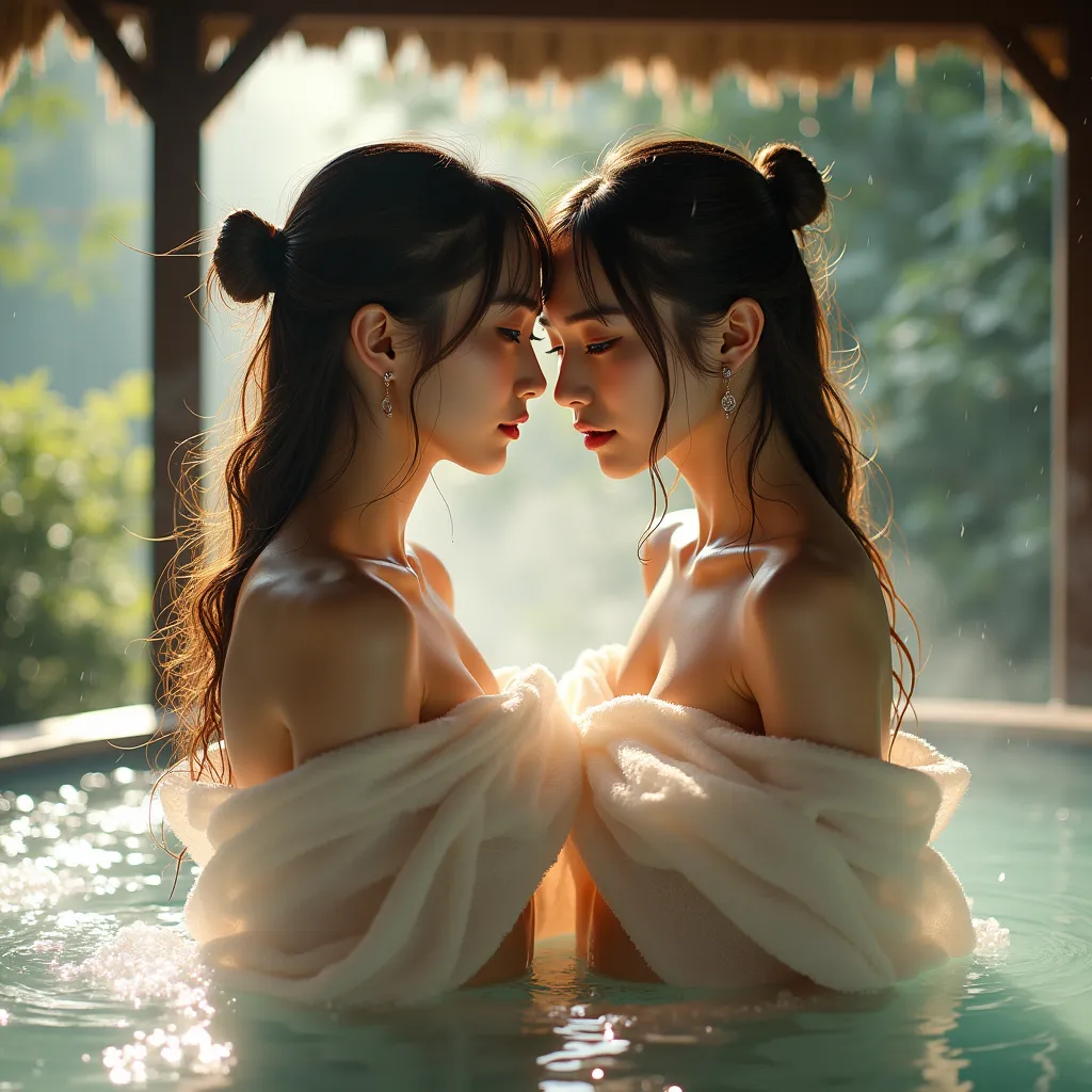 Raindrops dripping from the roof of an open-air bath gazebo、Water Drop、sexy beautiful sisters wrapped in ultra-thin wet gauze towels、high quality、High Resolution、real、Impressionism、 photos、portrait on bamboo shoots、Delicate Skin Texture、Damp Hair、Hot sprin...