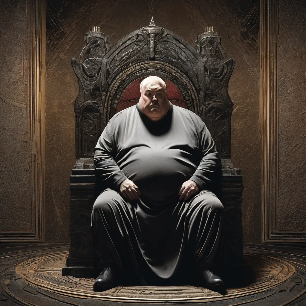 (John Schoenherr style, highly detailed illustration) An obese 50 years old man dressed in a dark grey, minimalistic futuristic outfit sits heavily on a simple yet imposing throne in a dimly lit chamber. His massive body spills over the edges of the seat, ...