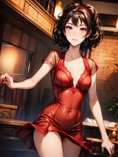 (8K HDR photorealistic pic), Betty Boop, short, althetic, curvy lady, ((tight little red dress)), dark eyebrows, black lipstick, (hoop earrings), dark eyeshadow, black lipstick, curvy, busty, (curly short black hair), shortstack, (retroussé breasts), darli...