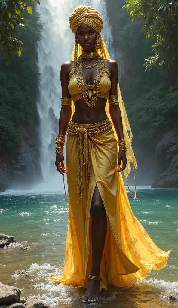 Detailed drawing of a mystical African goddess, with dark skin wearing a flowing gold suit, adorned with chains and shiny jewels. She wears a golden crown and a stylized turban, transmitting power and royalty. Your face is covered with a semi-transparent v...