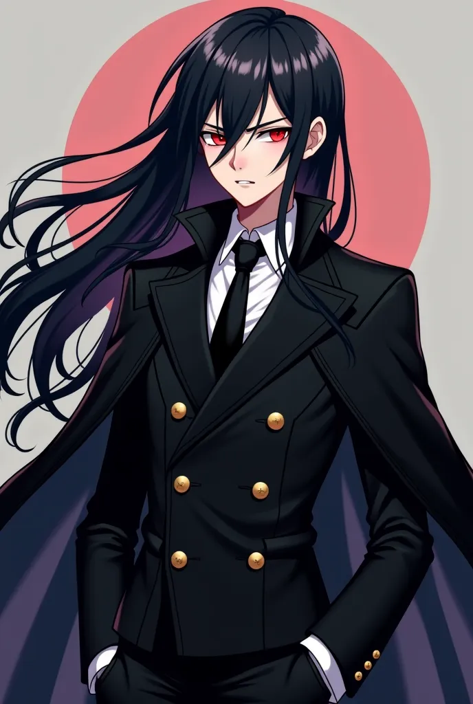  Anime Tween boy with Stoic frown and Glowing Red Eyes, With VERY Long Flowing Black Hair wearing a Baggy Long Sleeved Double Breasted Black Suit and Tie with With Victorian Cape, With White Dress Shirt. With Long Black Leather gloved hands