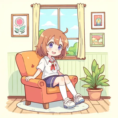  girl sitting on chair、Emotional、simple illustration、Simple background “There is a window and you can see the scenery in the back”、 simple background、Each part isn't too complicated 、 Each part is large and easy to understand pattern、Clear Colours 、A clear...