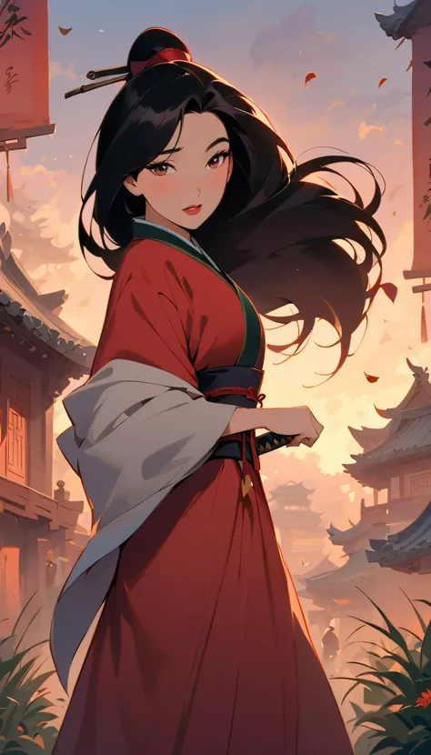 Hua Mulan,Show female bravery,shy,like a porcelain doll, fine features, delicate,Black and red color scheme,poster,iconic disney characters。shonen style, anime style, straight hair, big hair, ((long hair)) ,chinese young woman warrior, black hair, traditio...
