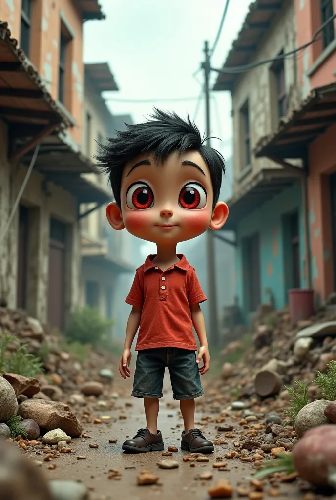 Create a very tattered community with boy with cartoon boy with red big eyes small head like 3d animation 