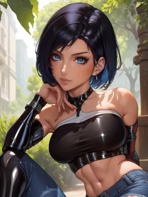 8k, highres, ultra detailed, (masterpiece:1.4), best quality, symmetrical body, (black latex strapless crop top:1.4), (jeans shorts:1.4), choker, cute, solo, earrings, short hair, blue hair, blue eyes, glow effect, finely eye, detailed face, looking at vie...