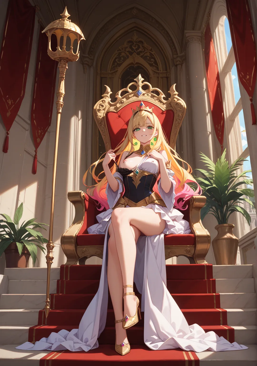 nsfw,girl,glamorous,straight hair,long hair,blond hair,colored inner hair,dark green eyes,One breast is coming out,One nipple is coming out,princess,crown,Castle,indoor,full body,looking down,Scepter,looks back,throne,recline,top of the stairs,hands up, el...