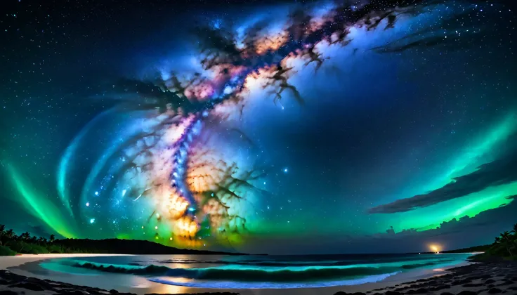 超high image quality during sick leave, high image quality during sick leave, high quality ,Spectacular views at night,The shining Milky Way Galaxy is clearly visible in the sky,Tropical Beach, light green to bright green ,The ocean breeze is blowing,blue f...