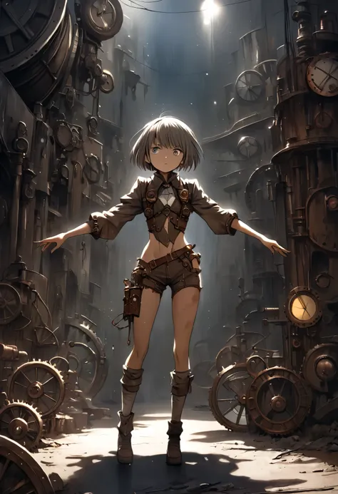 (((high resolution))), dramatic shadows, depth of field, retro cartoon style, watercolor drawing image, (world in which are collide steampunk and postapocalyptic aesthetic), cute female in tattered dirty clothes, (more rusty steampunk details: gears, valve...