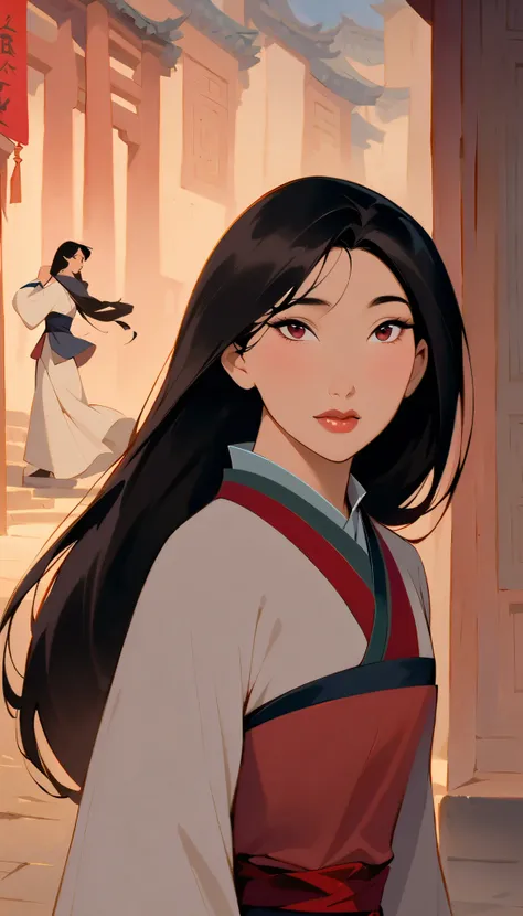 Hua Mulan,Show female shy,19 years old, like a porcelain doll, fine features, delicate,Black and red color scheme,poster,iconic disney characters。shonen style, anime style, straight hair, big hair, ((long hair)) ,chinese young woman warrior, black hair, tr...