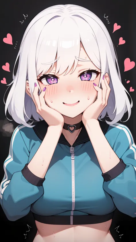 1girl,heart-shaped pupils,fingernails,hands on own face,white hair,purple eyes,(blush:1.1),choker,upper body,trembling,sweat,sweatdrop,heart,(speed lines:1.1),medium breasts, ((heavy breathing:1.3)), love, heart, crop top, happy, smile