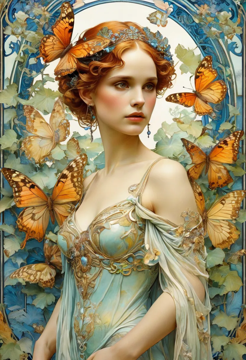 It depicts a beautiful woman with butterflies in her hair., (Natalie Portman:1.2), extremely detailed watercolor, The style of Alfons Maria Mucha and Gustav Kilmut, Art Nouveau accents, Fairy Queen, Anthropomorphic woman, Female figure, Detailed cover artw...