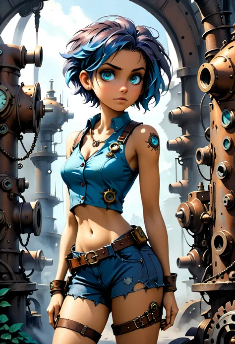 (((high resolution))), dramatic shadows, depth of field, retro cartoon style, watercolor drawing image, (world in which are collide steampunk and postapocalyptic aesthetic), cute female in tattered dirty clothes, (more rusty steampunk details: gears, valve...