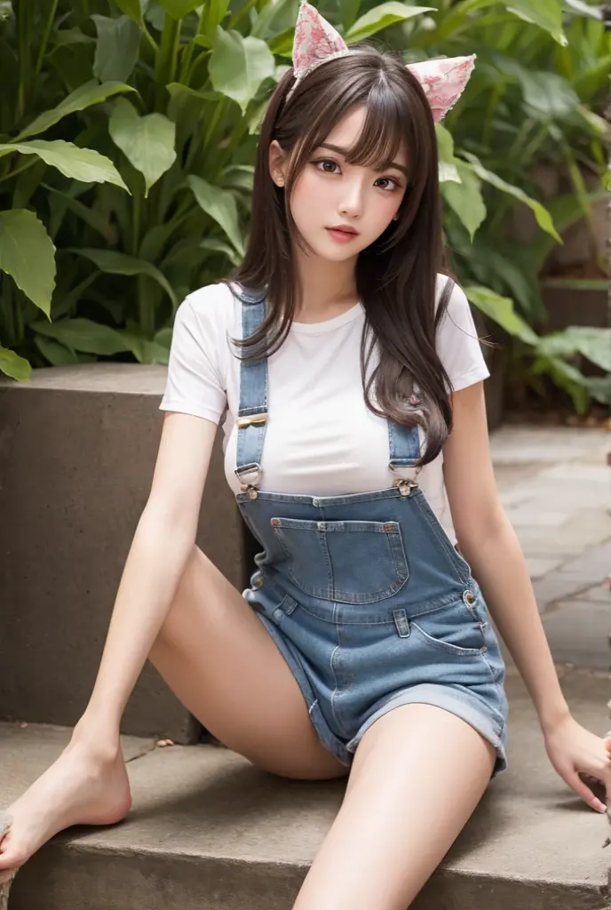 a beautiful chinese girl， fair skin， looks sweet，Wearing suspenders on the upper body，Wear light blue short jeans that are extremely tight on the bottom，sitting at a desk with your legs spread apart，showing camel toes sticking out of tight jeans between yo...