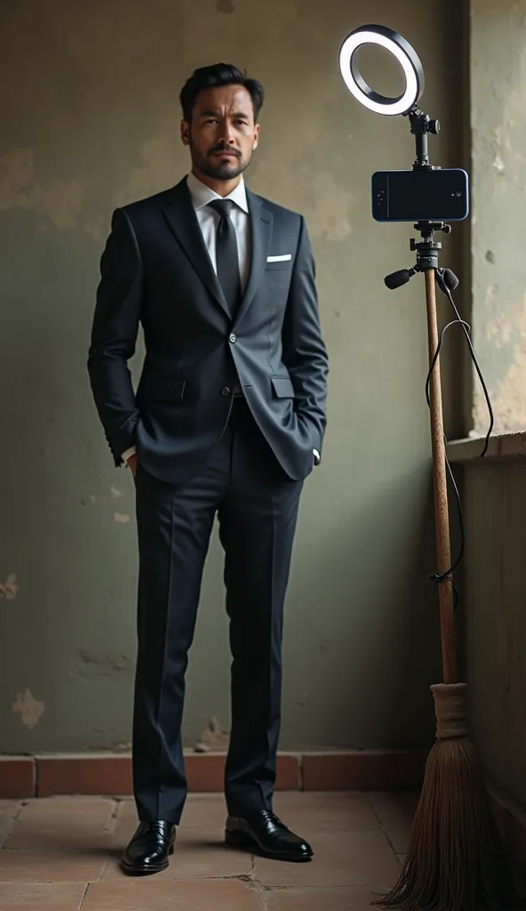 well-dressed 35-year-old boy, recording video in a very simple room, poor, Ugly wall, with his makeshift cell phone as a camera and small ring light improvisationally hanging on a makeshift broom handle as a tripod. He is discouraged and standing. ultra re...