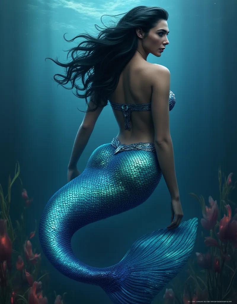 ,  Digital art of a beautiful mythological creature, mermaid,  she's wearing a shiny fish-scale bra ,  long hair, dark and disheveled  ,  she has a big fish tail, real and bright ,  beautiful bioluminescent flowers flowing underneath d &#39;water,  underwa...