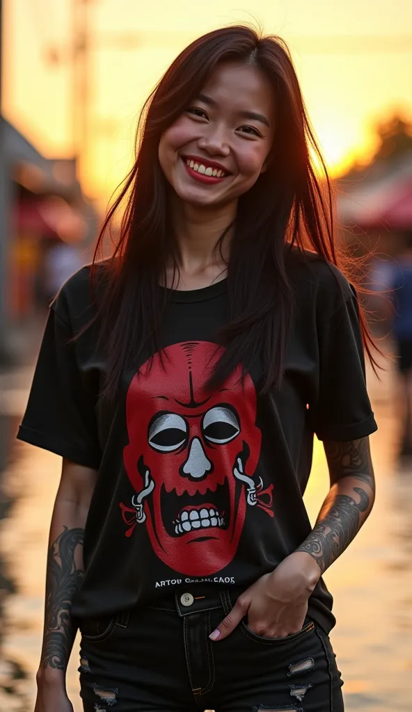   Asian girl,Round face, smiles brightly,  Dark Makeup , ในชุดเสื้อยืดDark colorสดใส, , graphic print , "ARTUEAM 90s,", Dark color, Wet shirt, Wet skin, Shiny skin, Yakuza Tattoos, Pink skin,  glowing Potland skin,  , my hair flutters  , , my hair fluttere...