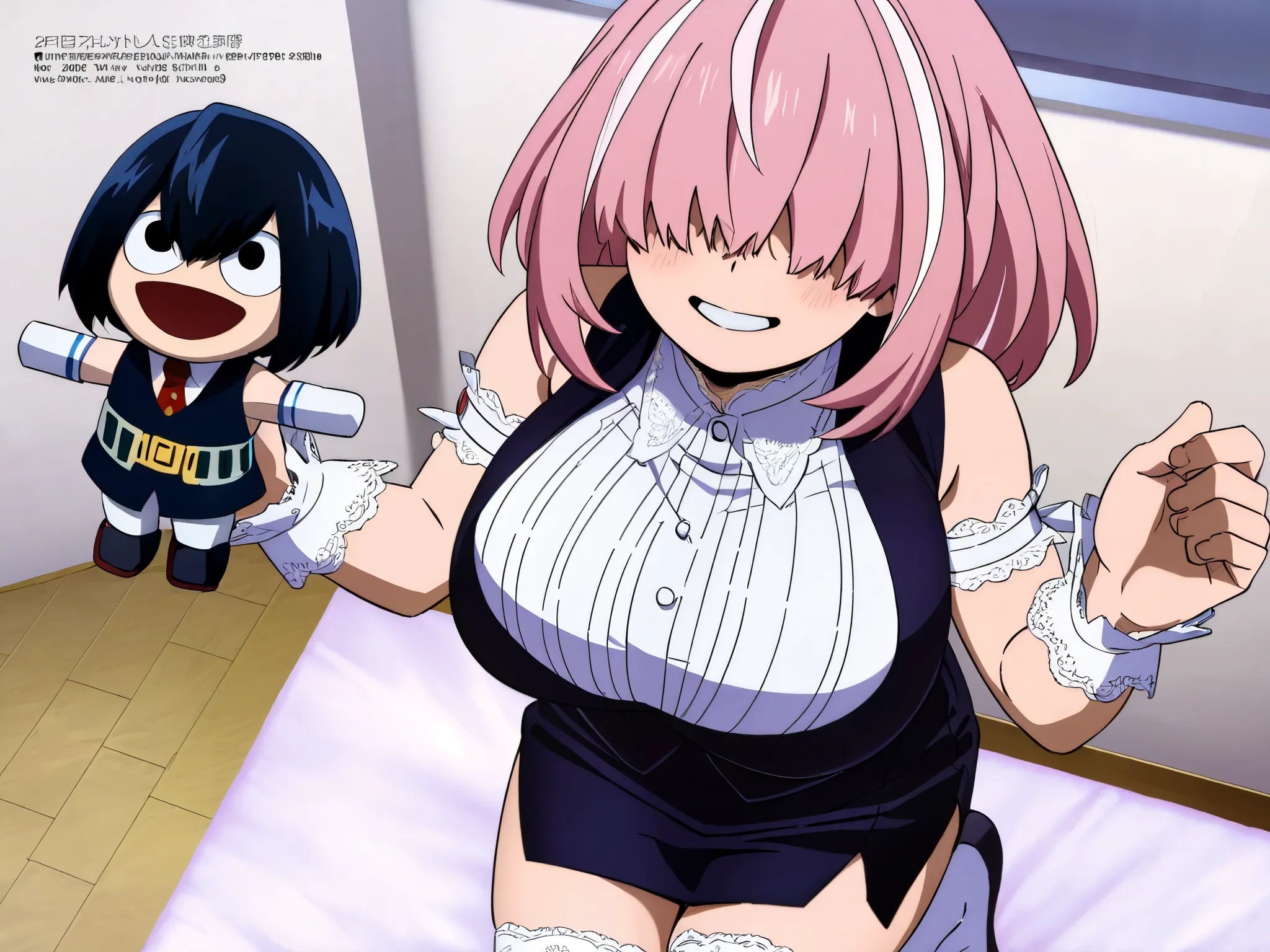 My Hero Academia　八Hundred万　Hundred,1woman,megami magazine, huge breasts、puppet,1girl medium  long bangs pink hair hair over eyes、tsurim ,only black vest、.black pencil skirt,white lace thigh-high socks , arm garter armlet,white streaked hair 