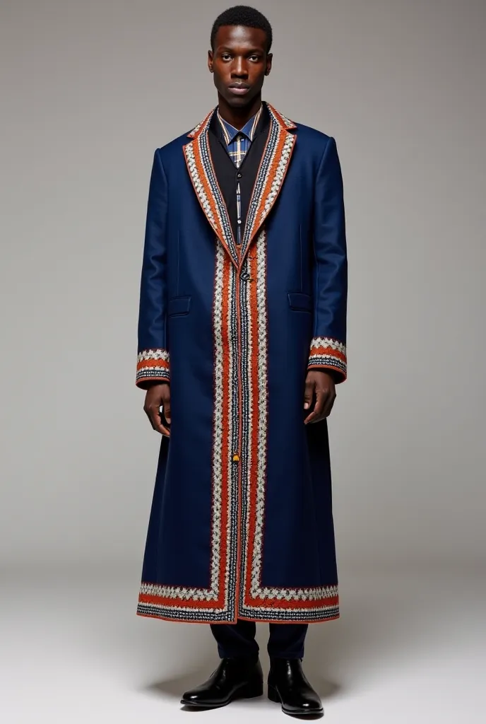 . **Sesotho-Inspired Coat**:
   - *"A longline coat with Sesotho-inspired repeating diamond and zigzag patterns along the edges. Solid indigo blue base with ochre and white accents. Structured silhouette, lightweight wool fabric. High-fashion photography, ...