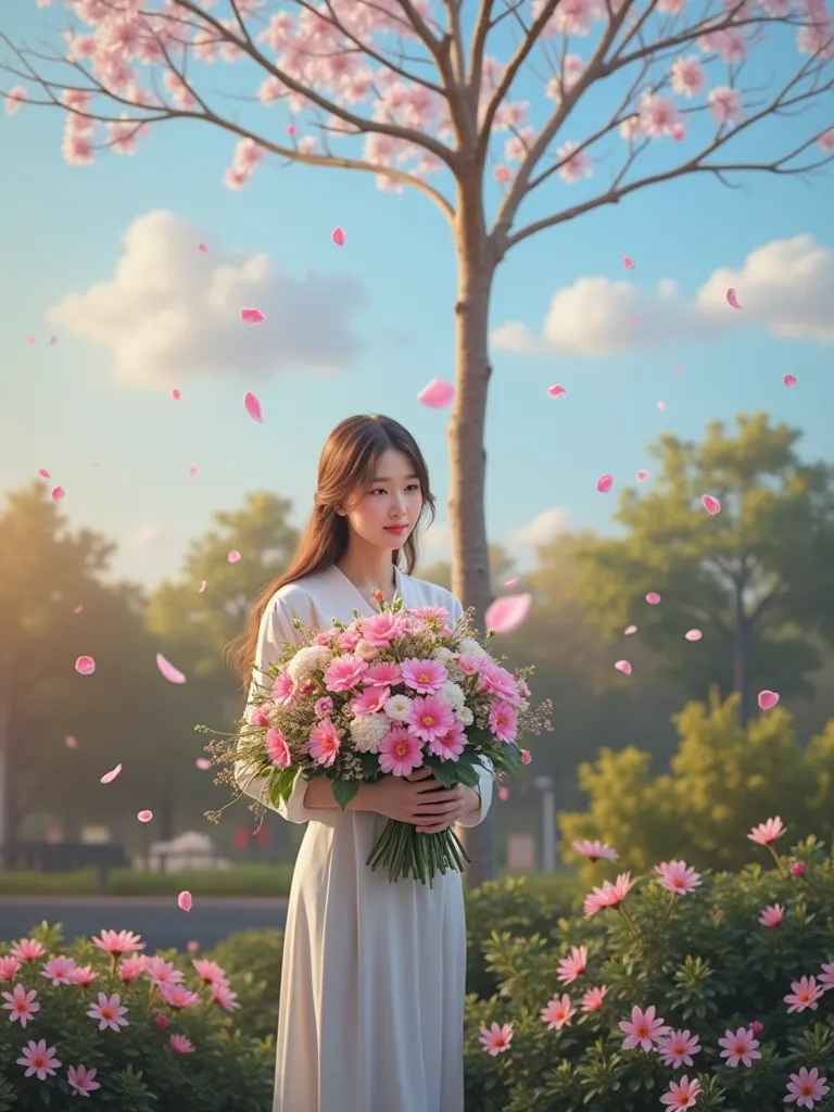 a girl with a bouquet of flowers stands against the backdrop of a spring blooming park