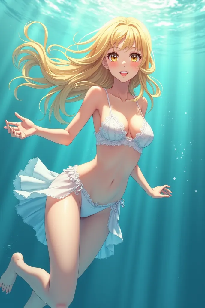 A anime girl with long blonde hair and golden eyes wearing a white lingerie swiming in underwater full of crystal-clear waters 