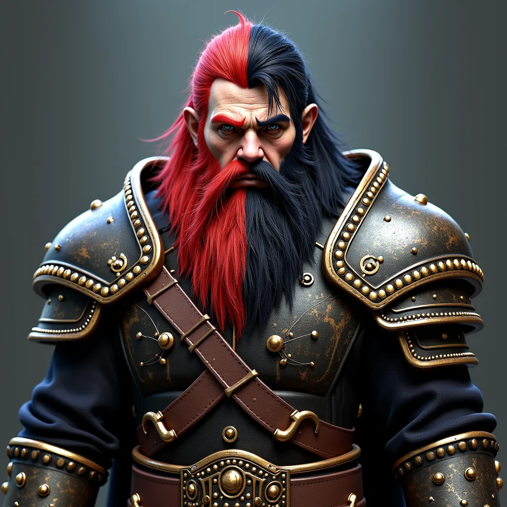 Dwarf with half red and half black hair and beard, with armor , without background and bass