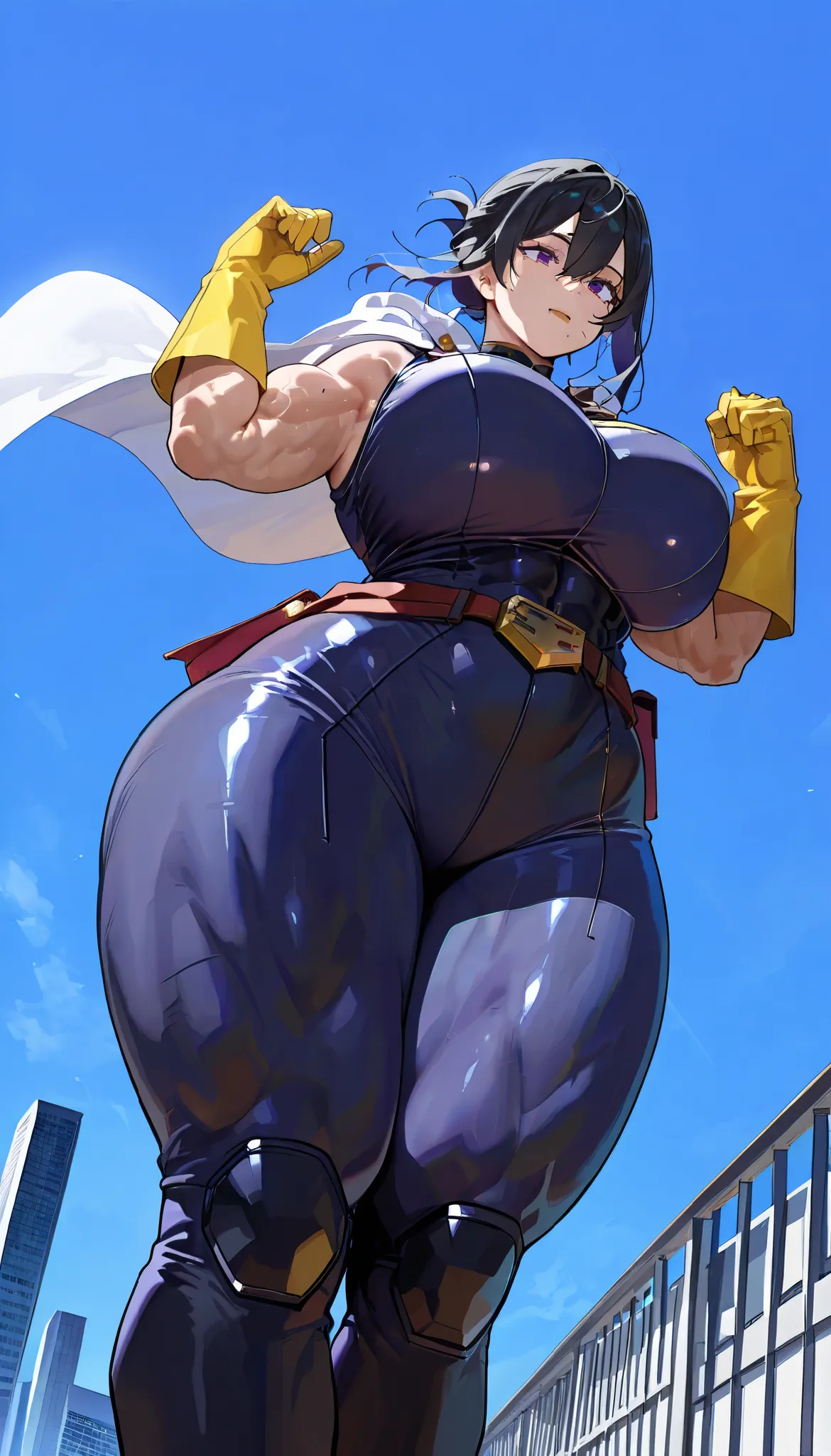 score_9,score_8_up,score_7_up,score_9,4k,HD,8k,highres,antialiasing,detailed,texture,cinematic lighting BREAK shimura,1girl,solo,huge breasts, thick muscular thighs, wide curvy hips,black hair,gloves,hair between eyes,sleeveless,belt,cape,mole, purple eyes...