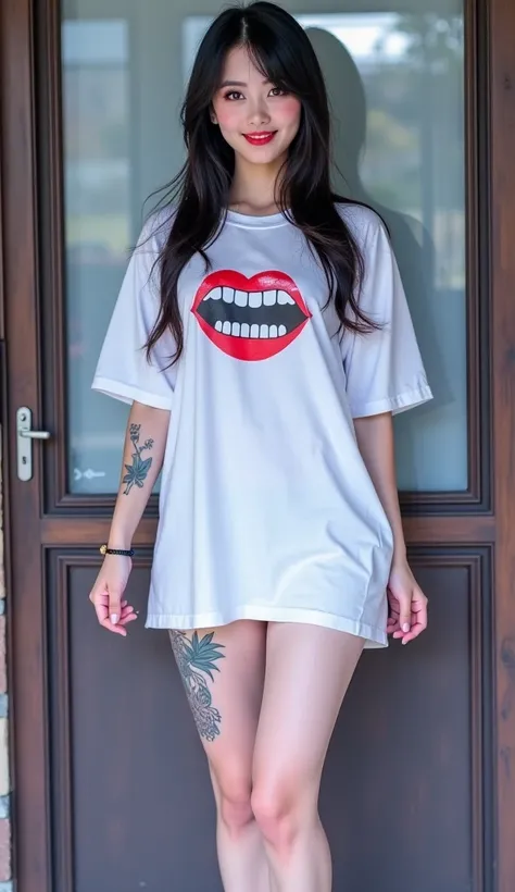   Asian girl,Round face, smiles brightly,  Dark Makeup , ในชุดเสื้อยืดDark colorสดใส, With beautiful graphic print design, " Butapuang 90s ," ,  Colorful,   high resolution, Excellent Performance, Dark color, Wet shirt, Wet skin, Shiny skin, Yakuza Tattoos...